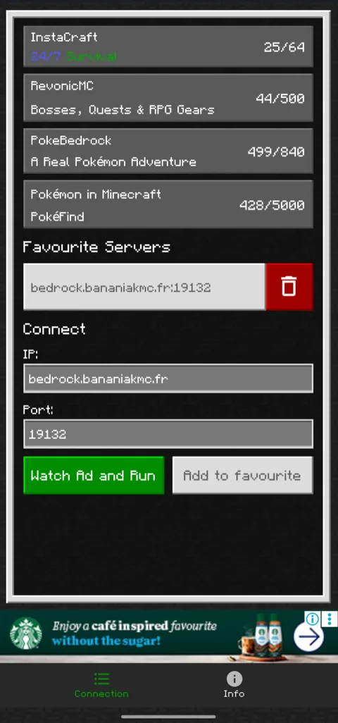 L'application BedrockTogether remplie avec l'adresse du serveur